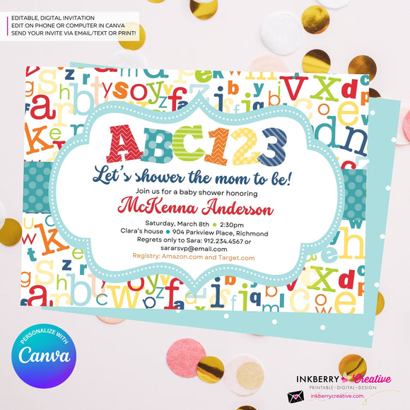 Alphabet Baby Shower Invitation, Alphabet Baby Shower Invite, ABC Baby Shower, ABC123, Printable, Digital, Instant Download, Edit in Canva