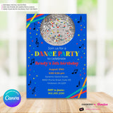 Neon Glow Dance Party Invitation (Boys Blue) with Disco Ball - Printable, Instant Download, Edit in Canva