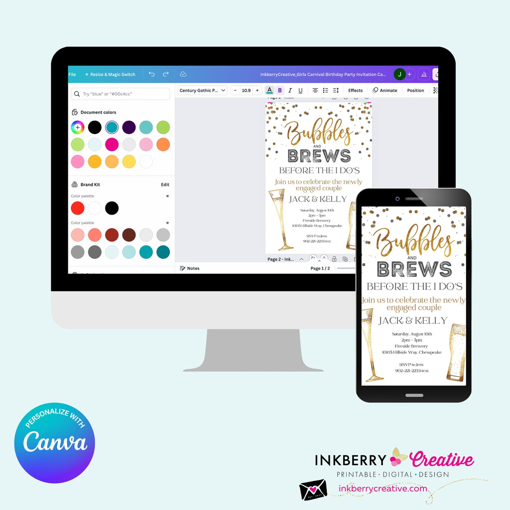 Bubbles and Brews Engagement Party or Shower Invitation, Digital Printable File, Personalize and Edit in Canva