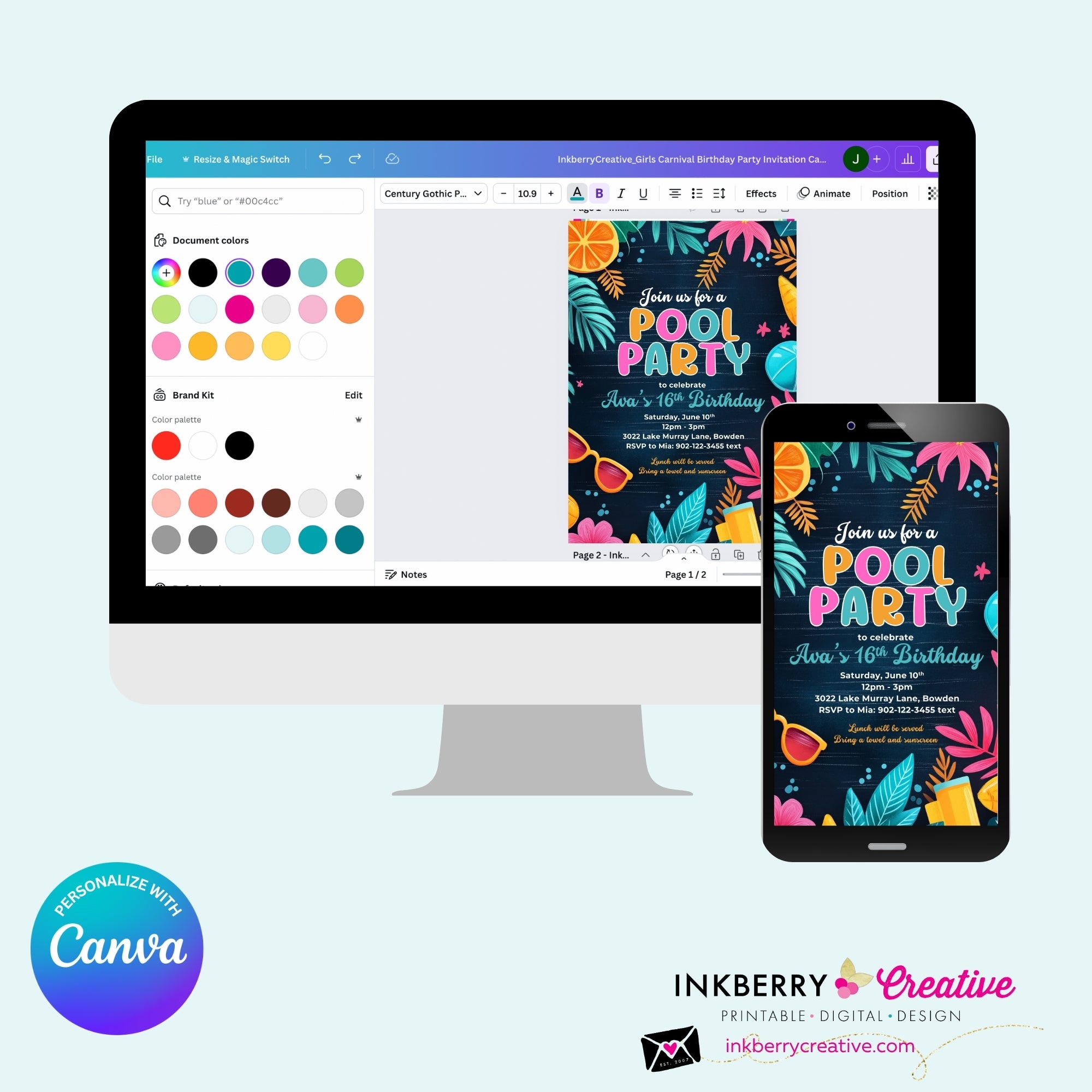 Citrus Summer Pool Party Invitation (Blue) - Summer Pool Party - Personalize and Edit in Canva