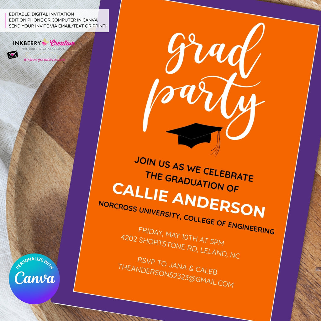 Grad Party Color Block Script - Orange Purple - Custom Color Graduation Invitation or Announcement - Editable in Canva