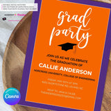 Grad Party Color Block Script - Orange Purple - Custom Color Graduation Invitation or Announcement - Editable in Canva