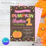 Pumpkin First Birthday (Girls) Woodgrain, Confetti Party Invitation - Printable, Edit in Canva