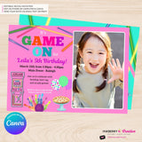 Game On Girls Pink PHOTO Arcade, Pizza, Bowling Birthday Party Digital, Printable Invitation - Edit in Canva