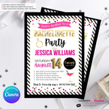 Bachelorette Party Invitation Pink, Black, Gold Confetti - Digital Printable File, Personalize and Edit in Canva