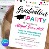 Colorful Graduation Garland Party Invitation - Photo Back - Editable in Canva