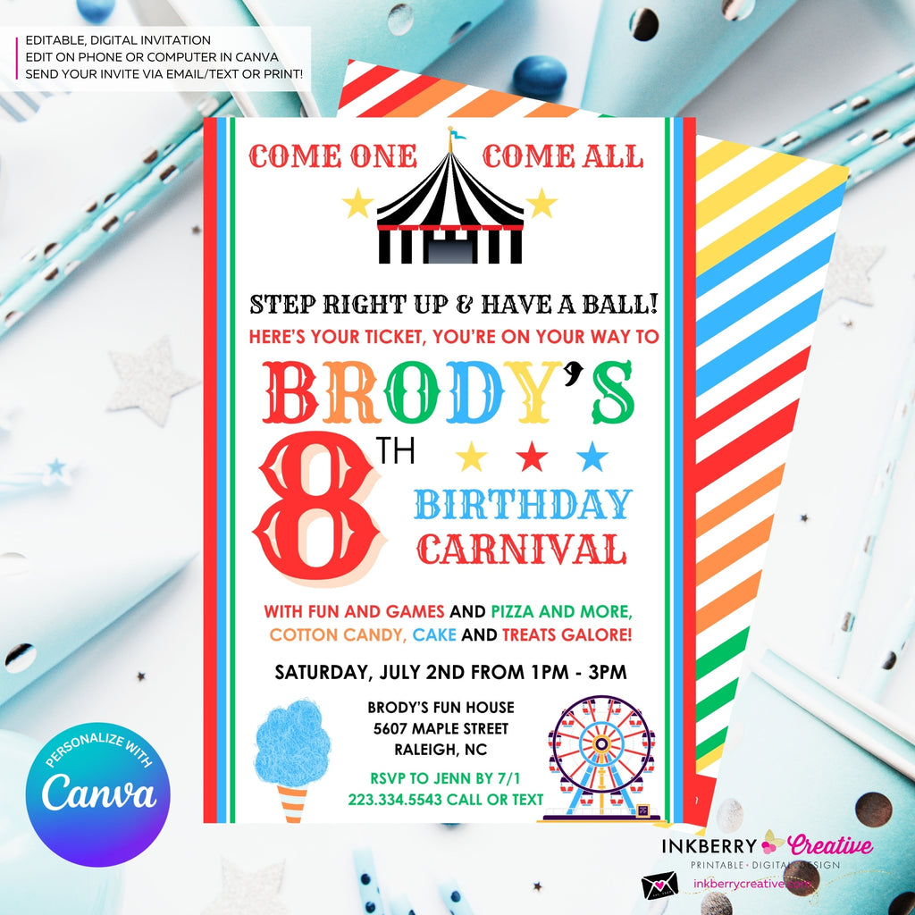 Carnival Birthday Party Invitation - Digital File, Personalize and Edit in Canva