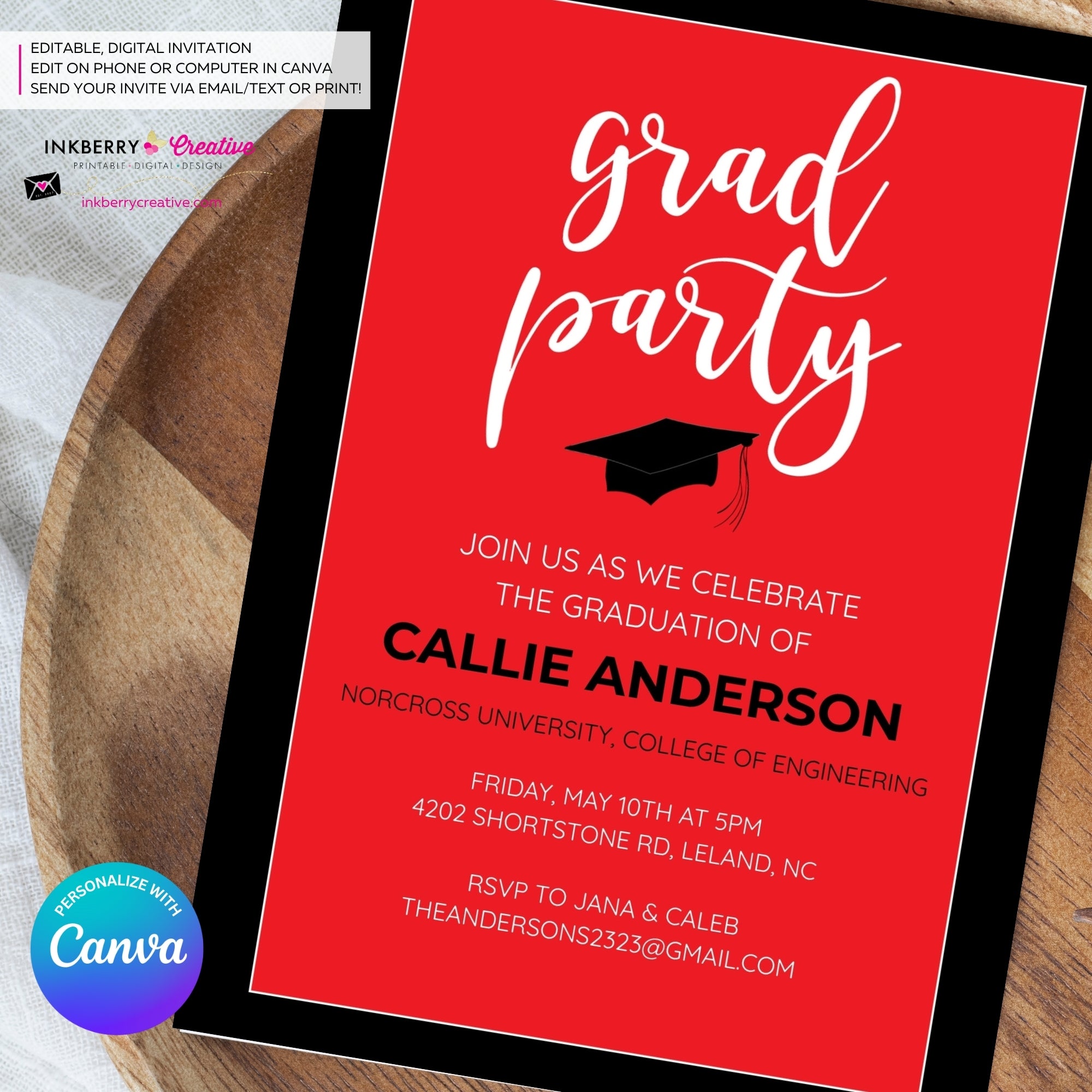 Grad Party Color Block Script - Custom Color Graduation Invitation or Announcement - Editable in Canva