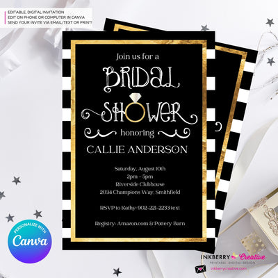 Black White and Gold Ring Bridal Shower Invitation- Digital, Printable File, Personalize and Edit in Canva