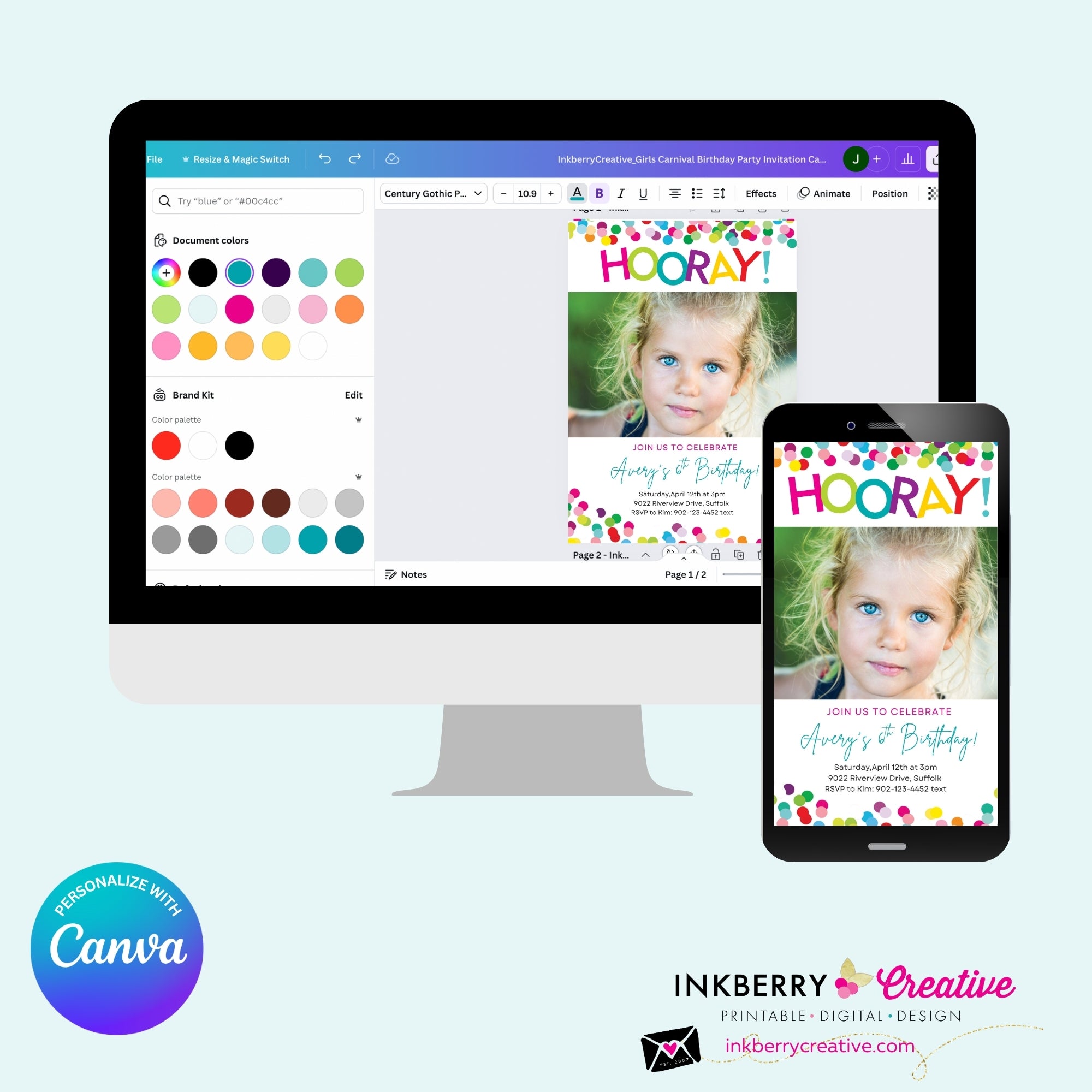 Hooray Confetti Girls Photo Birthday Party Invitation, Printable, Instant Download, Editable, Digital Invite, Edit in Canva