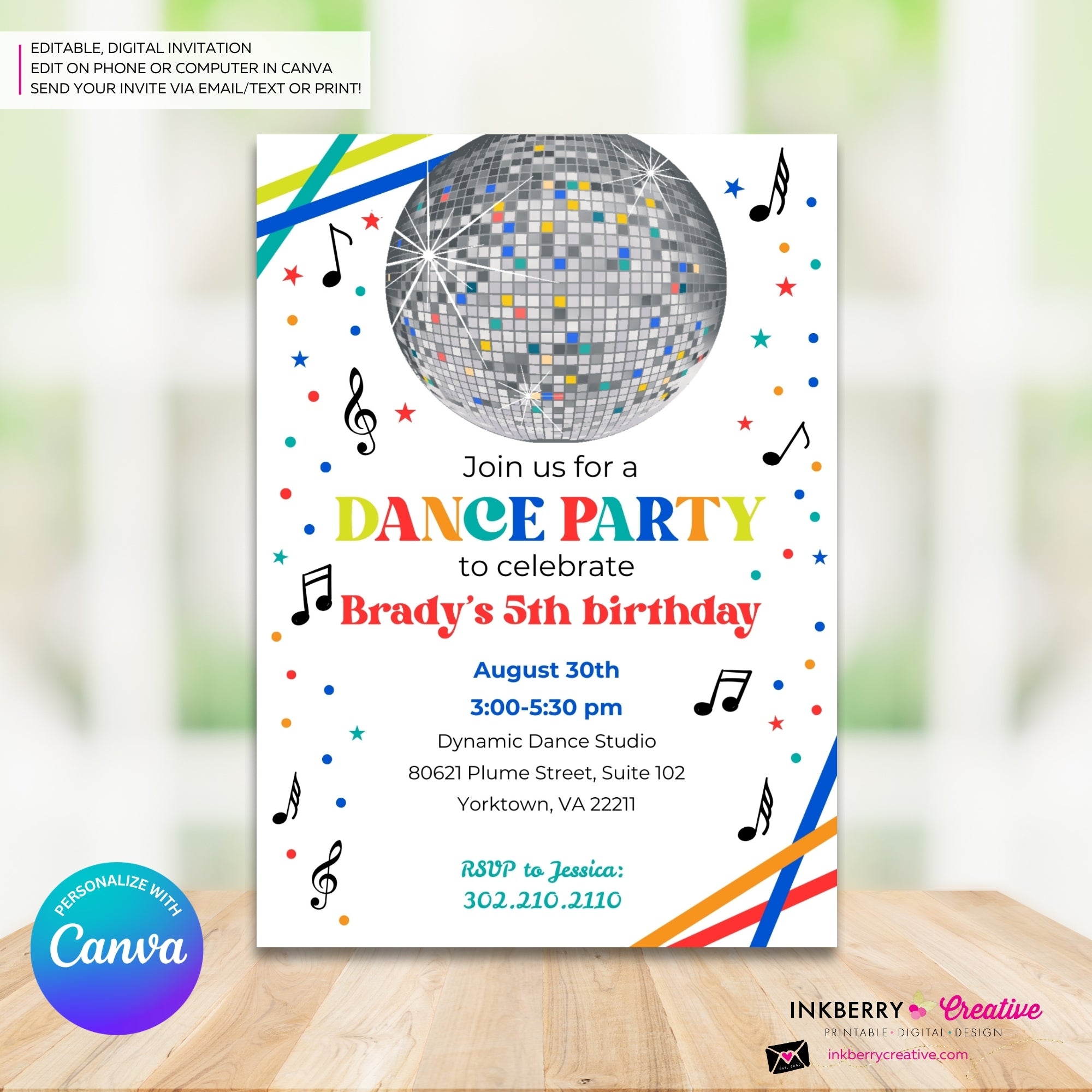 Neon Glow Dance Party Invitation (Boys White Multi) with Disco Ball - Printable, Instant Download, Edit in Canva