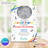 Neon Glow Dance Party Invitation (Boys White Multi) with Disco Ball - Printable, Instant Download, Edit in Canva