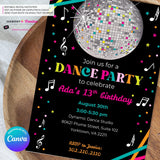 Neon Glow Dance Party Invitation (Black) with Disco Ball - Printable, Instant Download, Edit in Canva
