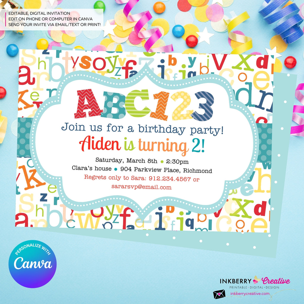 Alphabet Birthday Party Invitation - Printable, Instant Download, Editable, PDF