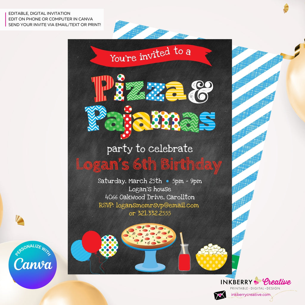 Pizza and Pajamas Party Invitation (Boys) - Chalkboard Style, Kids Pizza Pajama Birthday Party Invite - Edit in Canva