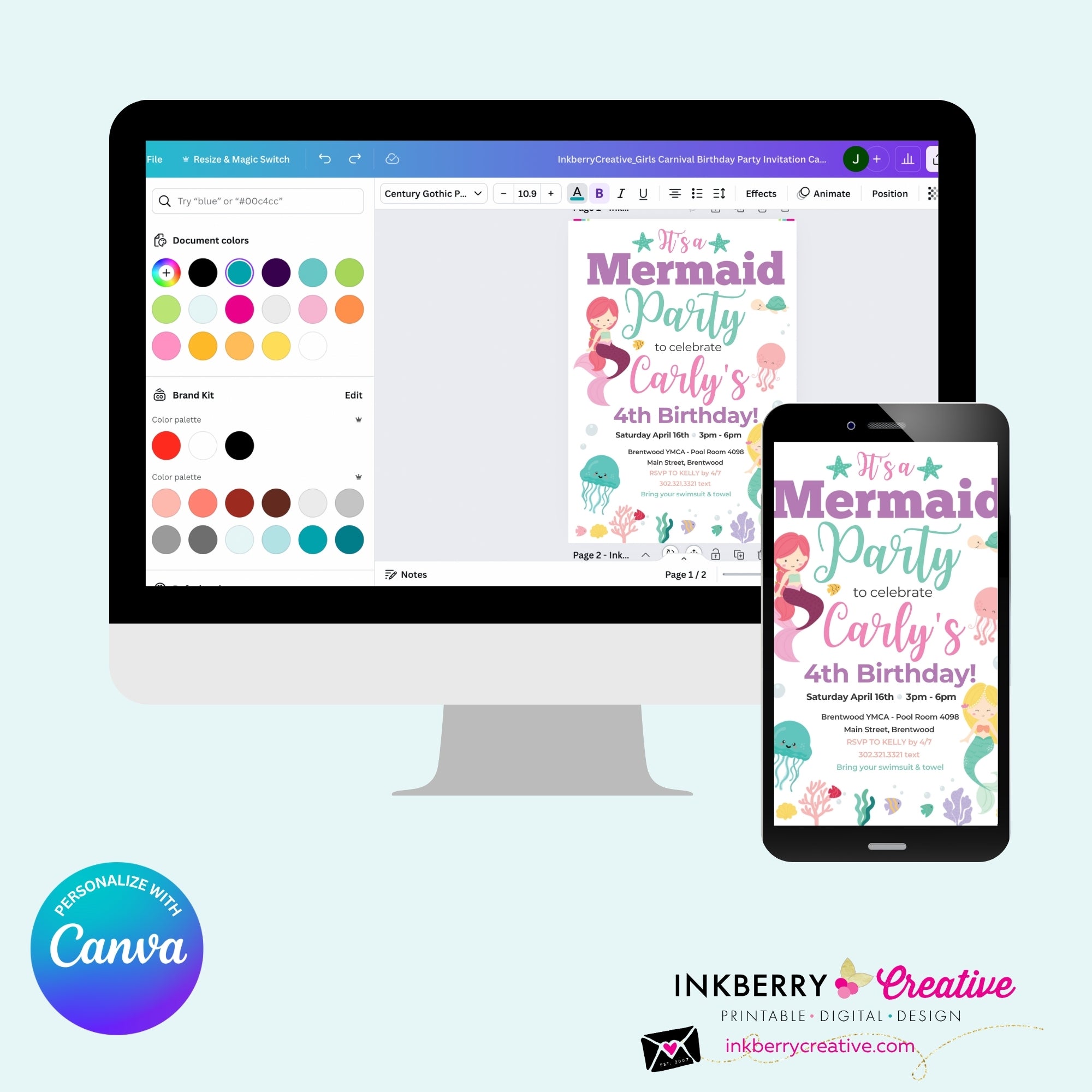 Mermaid Birthday Party Invitation, Under the Sea, Ocean, Beach, Jelly Fish, Star Fish, Shells - Printable Instant Download, Edit in Canva