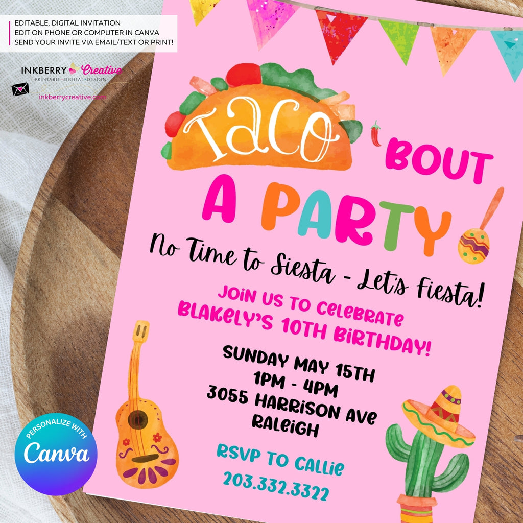 Taco Bout a Party Invitation (PINK) Mexican Fiesta, Canva Template (Digital Printable File)