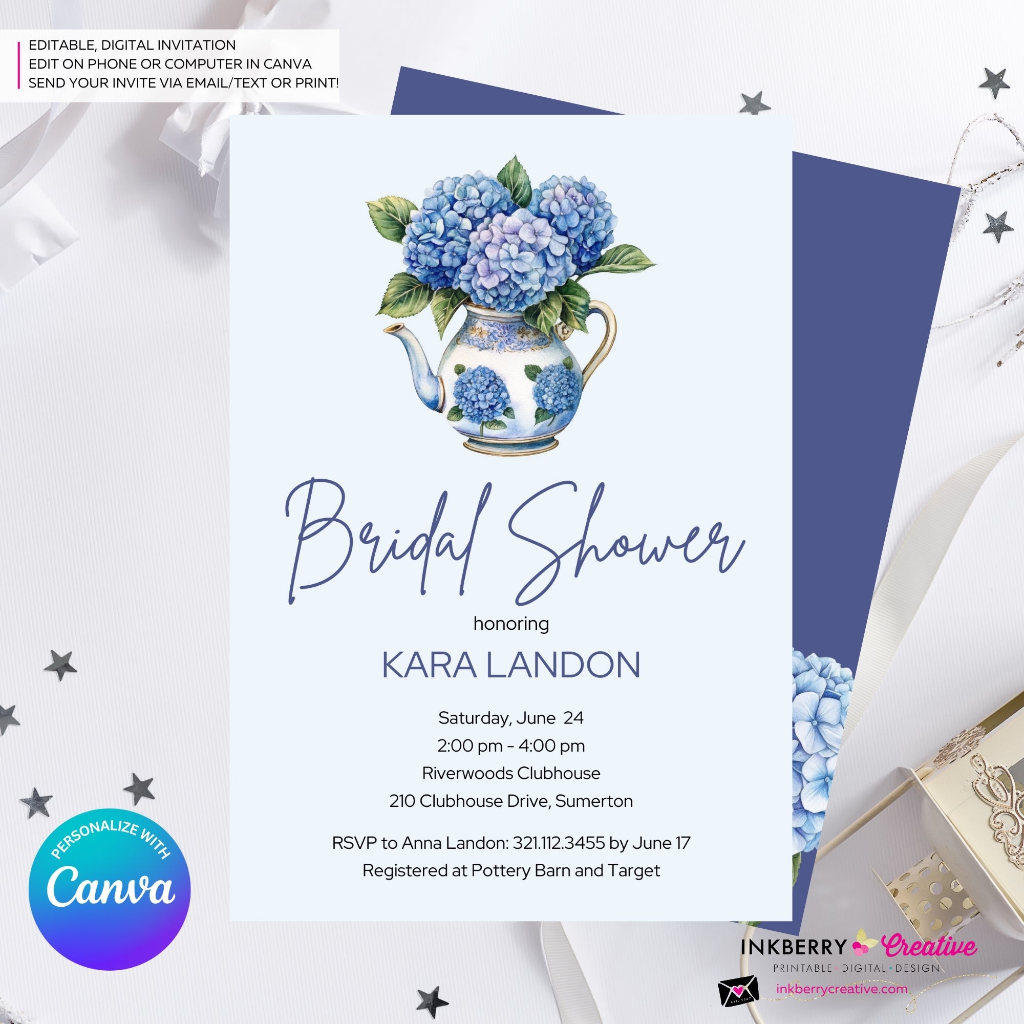 Hydrangea Bridal Shower Invitation, Blue Purple Hydrangea Invite, Wedding Engagement Baby, Digital, Edit and Personalize in Canva