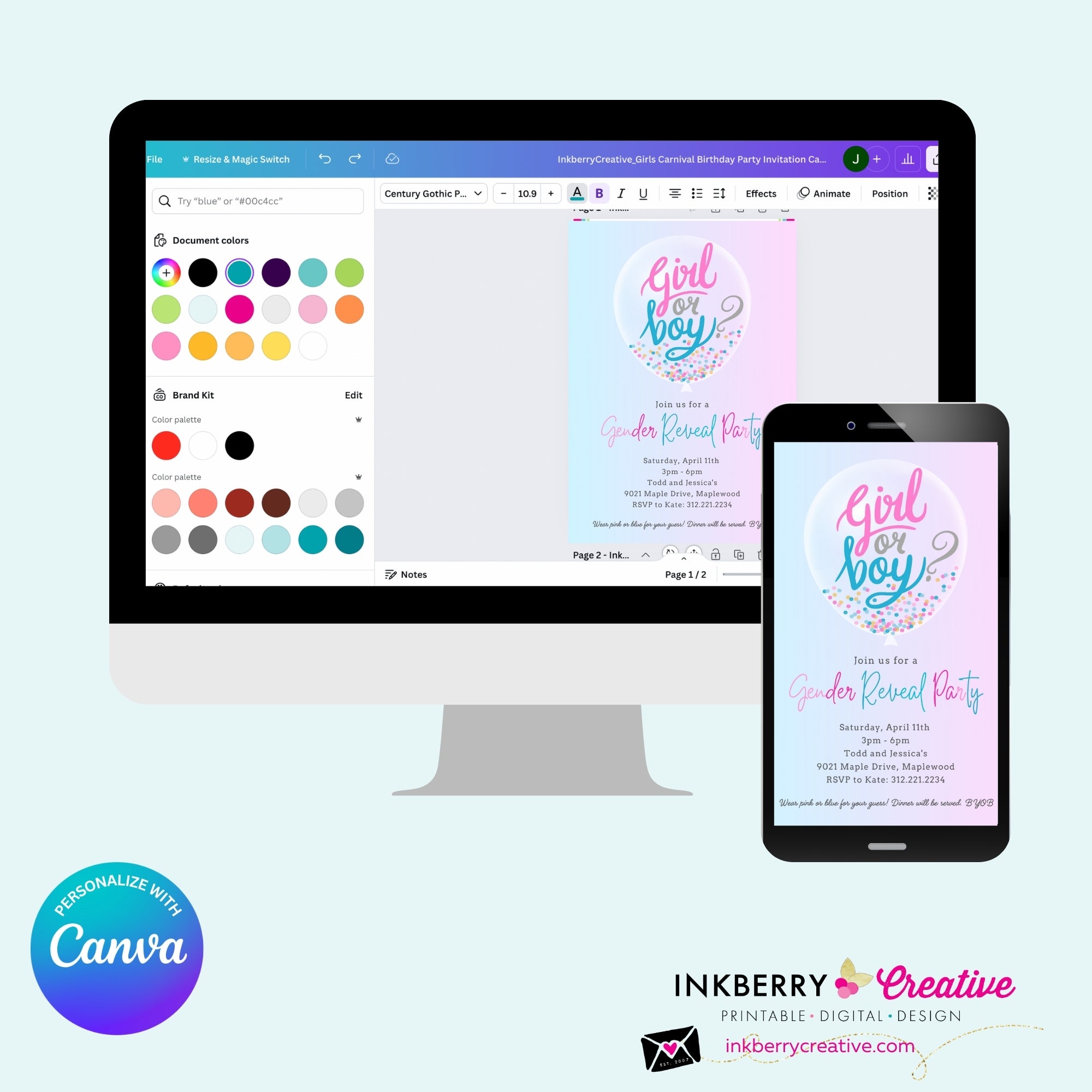 Pink Blue Confetti Balloon Gender Reveal Party Invitation, Printable, Digital, Instant Download, Edit in Canva