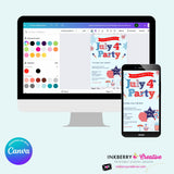 4th of July Patterns Party Invitation, July 4th Cookout Patriotic, Red White Blue Party Invite - Printable, Instant Download, Edit in Canva