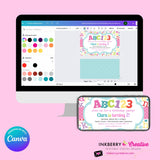 Alphabet Birthday Party Invitation Girls - Alphabet Theme Party Invite - Girl ABC Birthday Party - Personalize and Edit in Canva