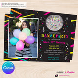 Neon Dance Party Birthday Party Photo Invitation, Digital, Printable File, Edit in Canva