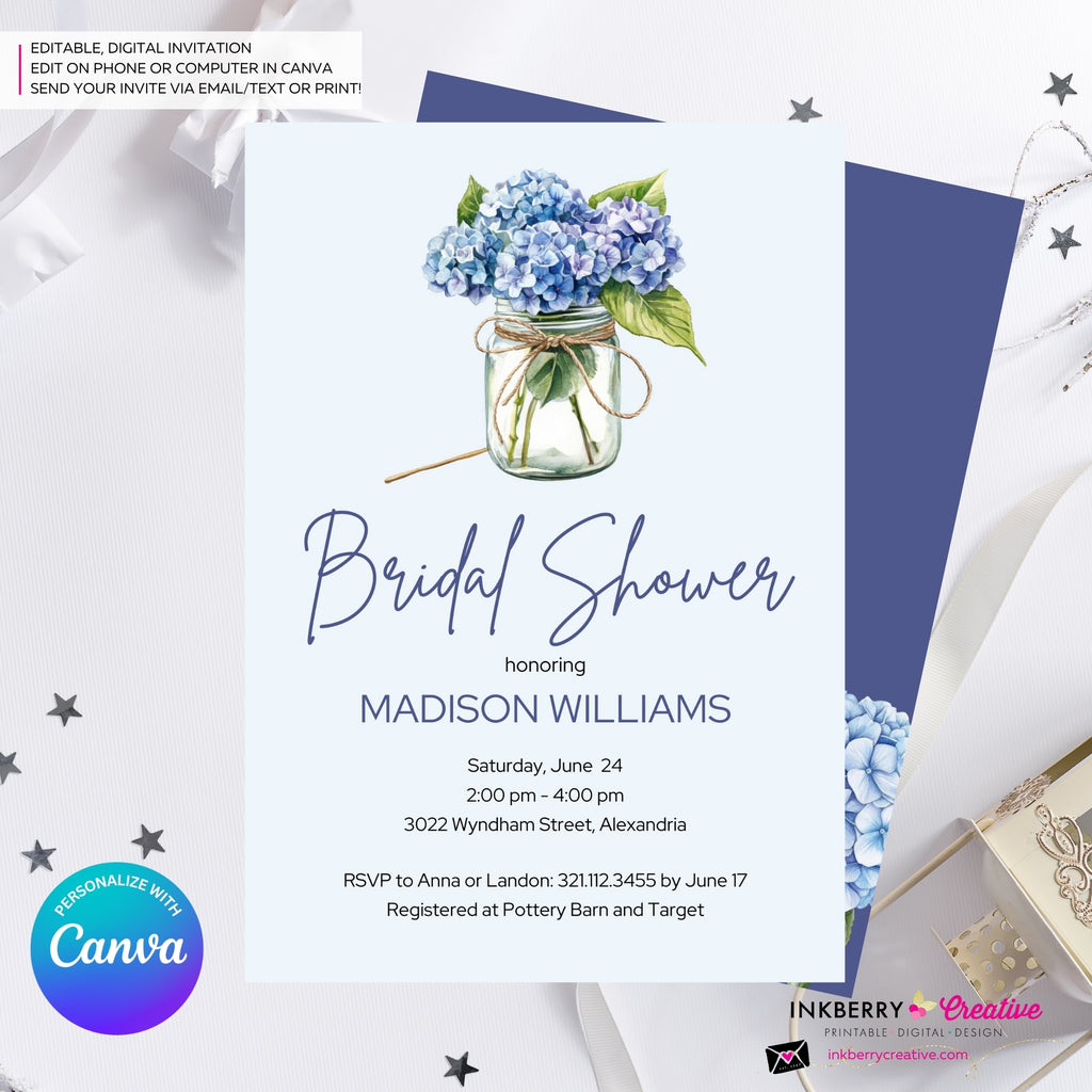 Mason Jar Hydrangea Bridal Shower Invitation, Blue Purple Hydrangea Invite, Wedding Engagement Baby, Digital, Edit and Personalize in Canva