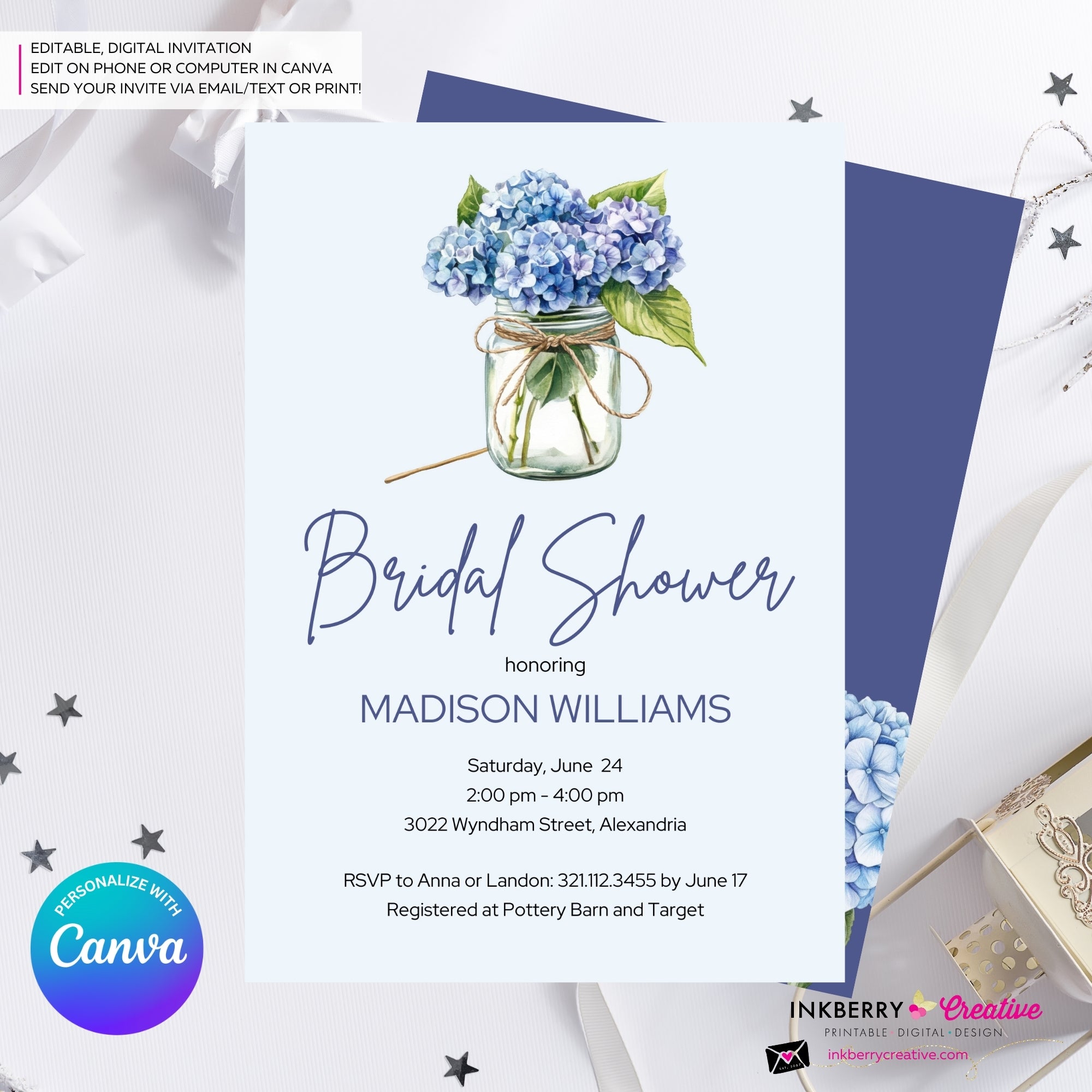 Mason Jar Hydrangea Bridal Shower Invitation, Blue Purple Hydrangea Invite, Wedding Engagement Baby, Digital, Edit and Personalize in Canva