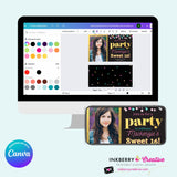 Confetti Pop Photo Party Invitation - Any Age, Any Occasion, Gold, Aqua, Pink Confetti, Birthday Photo invite, Sweet 16, Edit in Canva