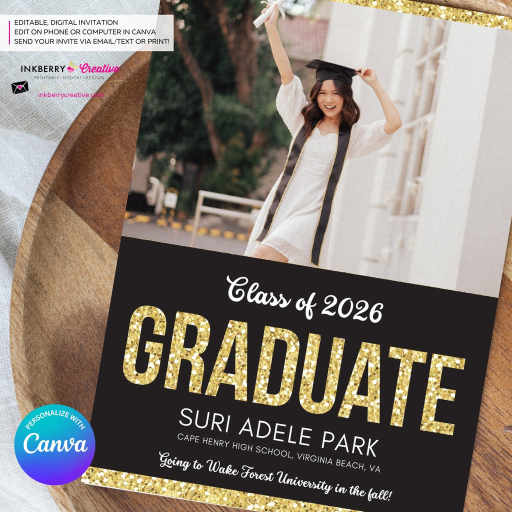 Gold Glitter Grad - 3 Photo Graduation Invitation or Announcement, Edit in Canva