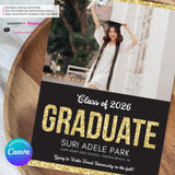 Gold Glitter Grad - 3 Photo Graduation Invitation or Announcement, Edit in Canva