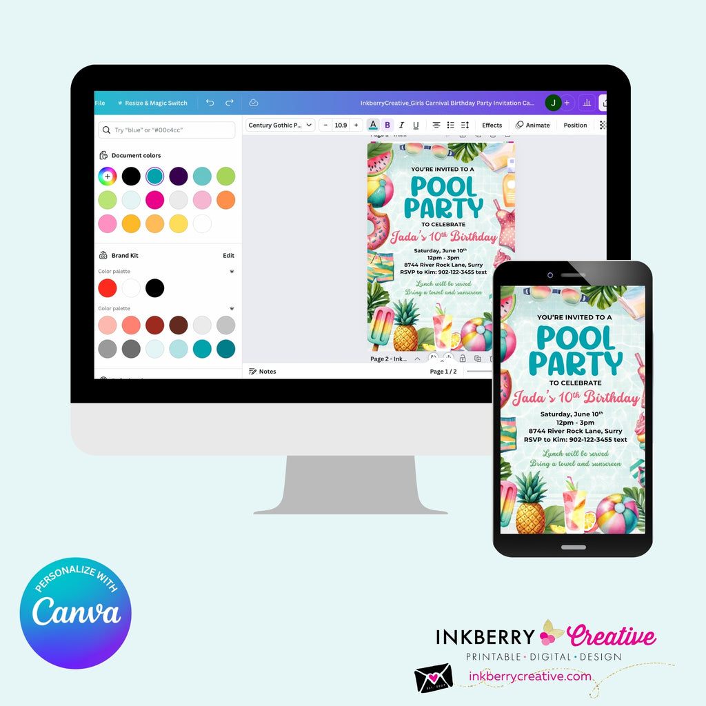 Summertime Fun Pool Party Invitation - Summer Pool Party - Printable, Instant Download, Editable in Canva