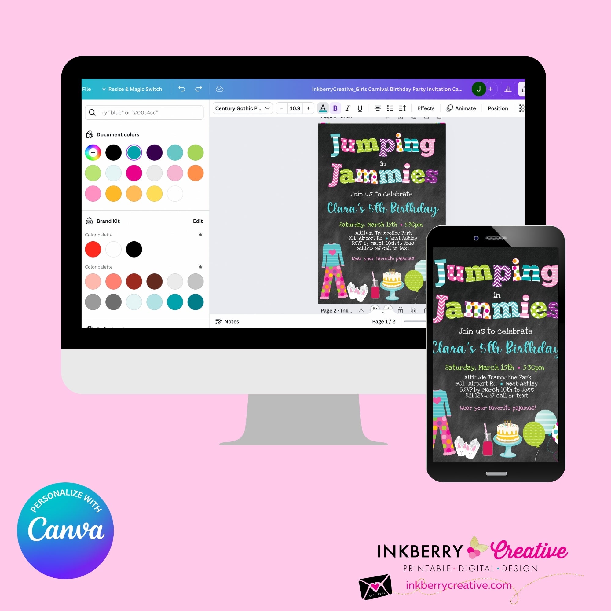 Jumping in Jammies Birthday Party Invitation - Chalkboard, Pajama, Trampoline Park, Bounce House Invite (Printable, Instant Download, Edit in Canva)