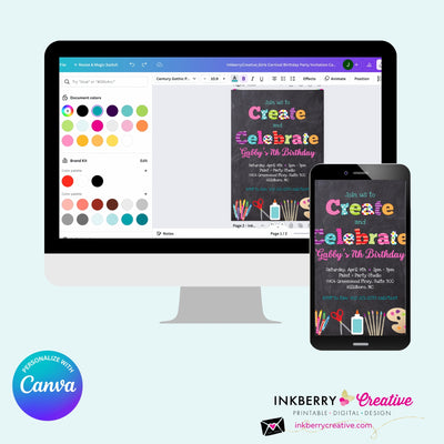 Create and Celebrate - Arts and Crafts Birthday Party Invitation, Chalkboard Style - Kids Arts Crafts Painting Party - Printable, Instant Download, Edit in Canva