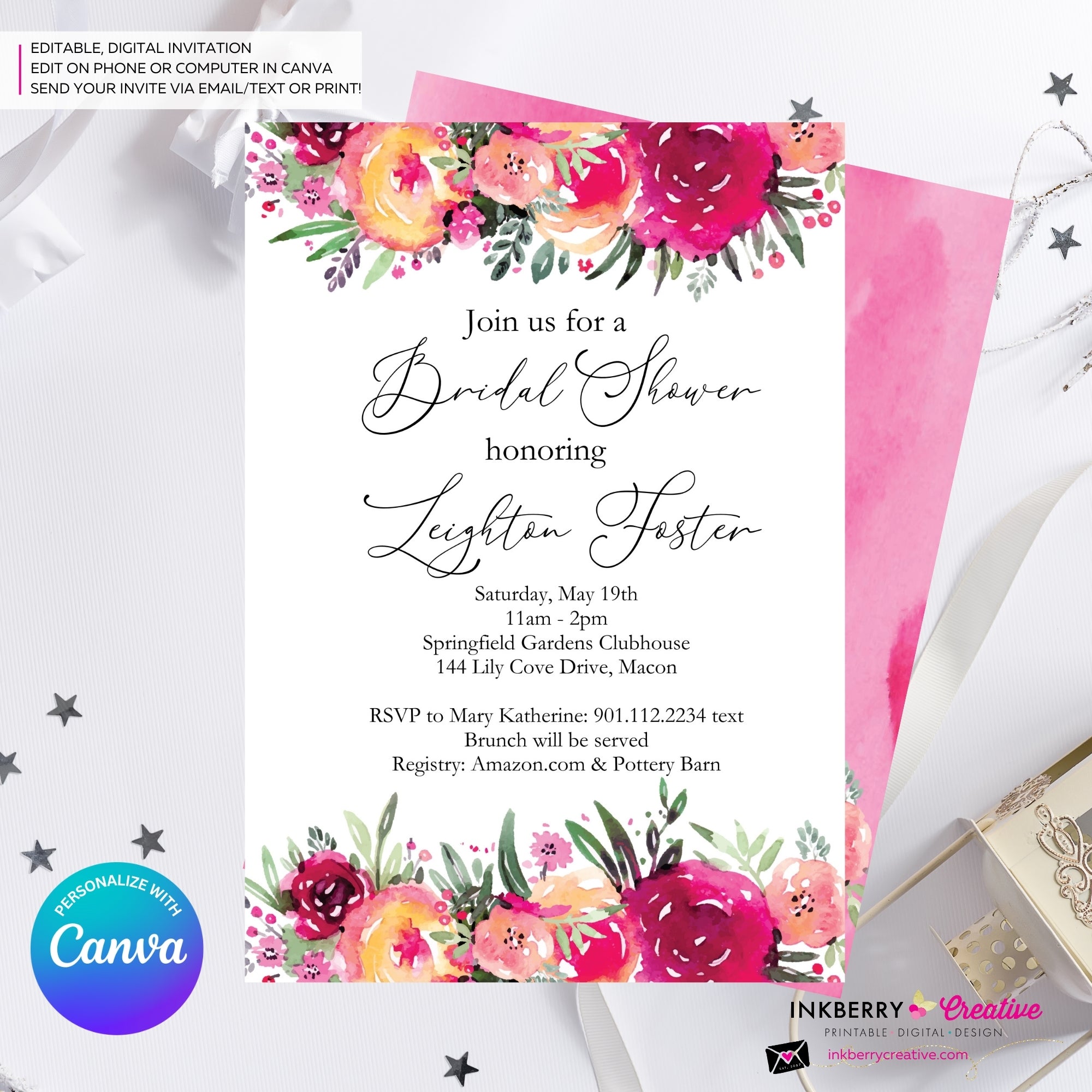 Bright Painted Floral Bridal Shower Invitation, Watercolor Flowers, Summer Spring Shower, Digital Invite, Personalize and Edit in Canva