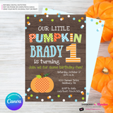 Pumpkin First Birthday (Boys) Woodgrain, Confetti Party Invitation - Printable, Edit in Canva