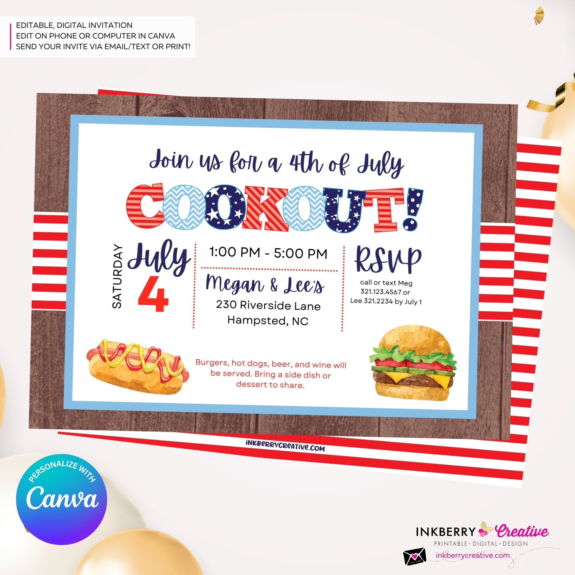 4th of July Backyard Cookout BBQ - 4th of July, Patriotic, Red White and Blue, Patriotic Party - Edit in Canva