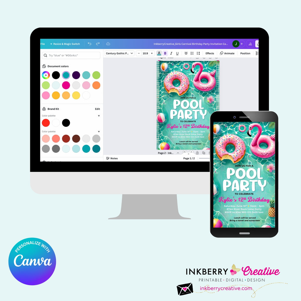 Flamingo Float Pool Party Invitation - Summer Pool Party - Printable, Instant Download, Editable in Canva