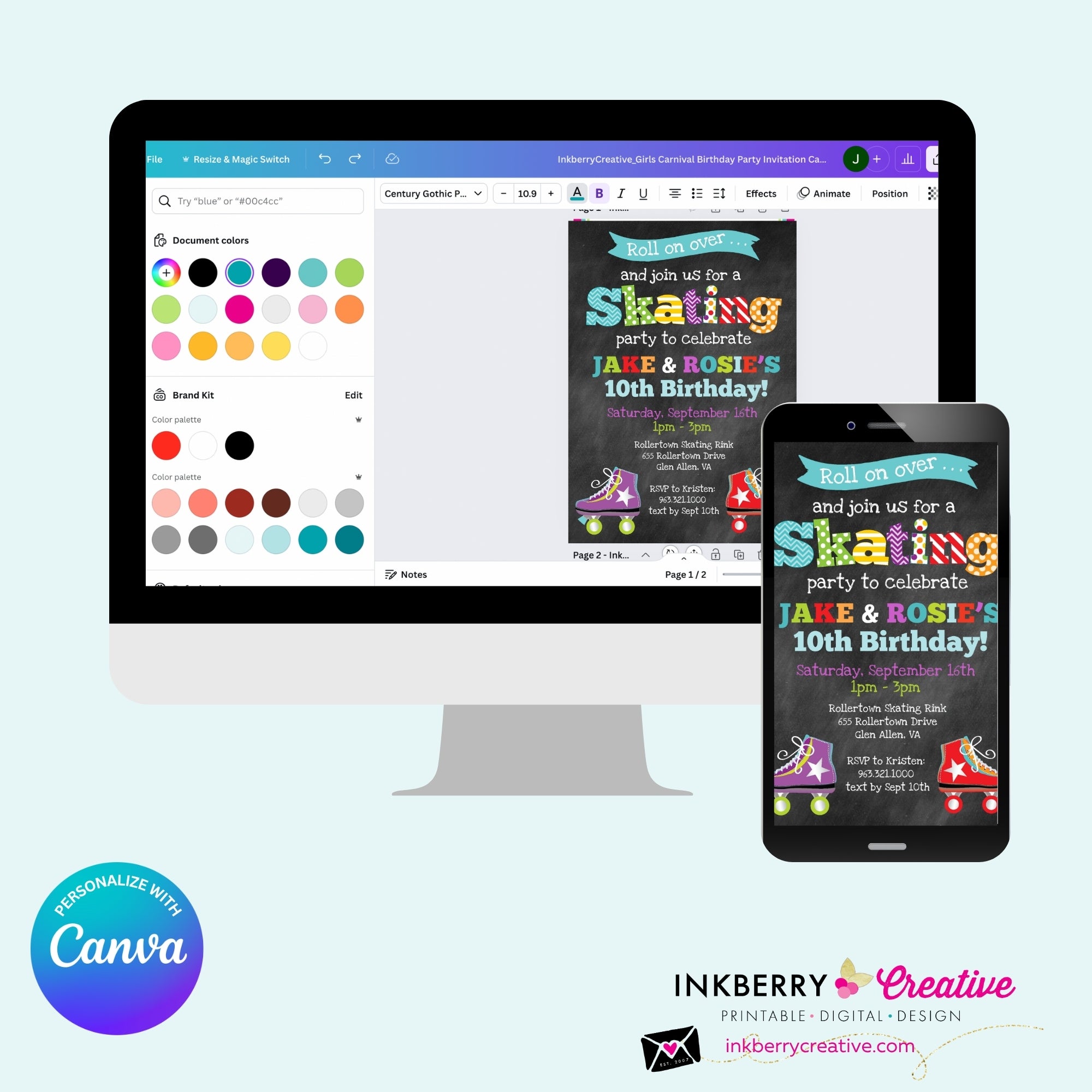 Editable Roller Skating Birthday Party Invitation, Boy Girl Roller Skate Party Invite, Chalkboard, Roller Skating Rink Invite, Edit in Canva