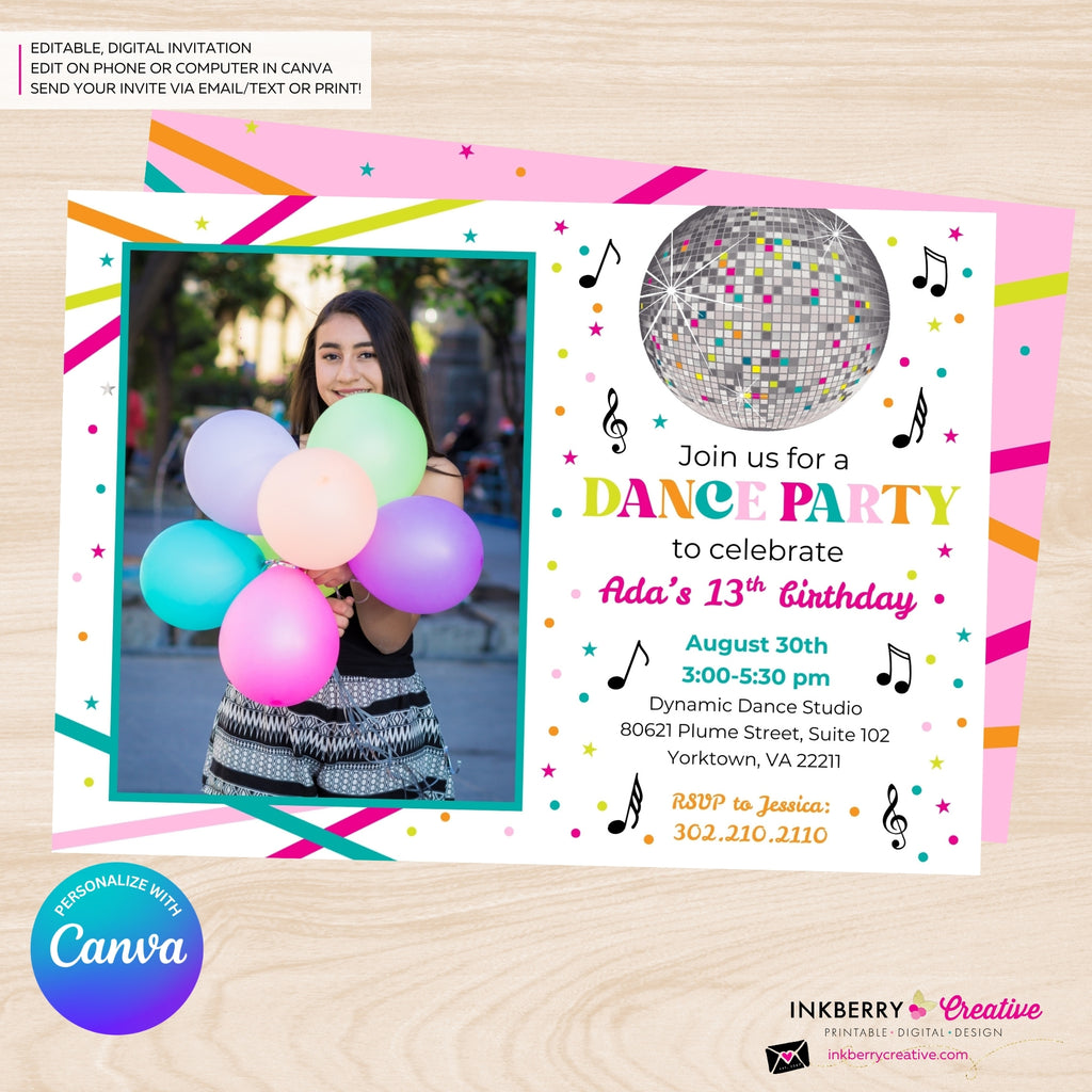 Neon Dance Party Birthday Party Photo Invitation, Digital, Printable File, Edit in Canva