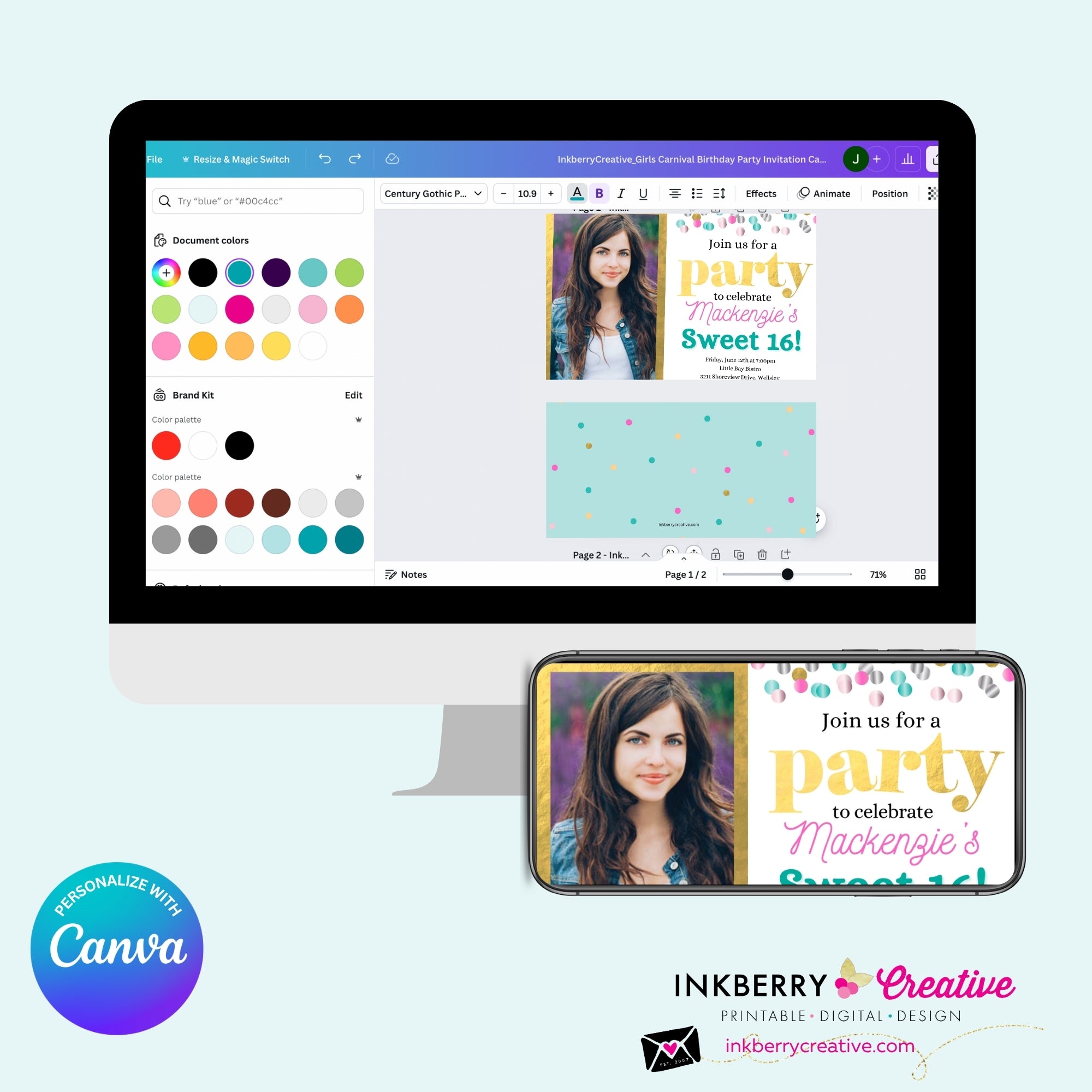 Confetti Pop Photo Party Invitation (White) - Any Age, Any Occasion, Gold, Aqua, Pink Confetti, Birthday Photo invite, Sweet 16, Edit in Canva