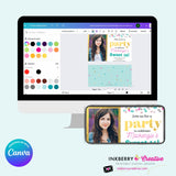 Confetti Pop Photo Party Invitation (White) - Any Age, Any Occasion, Gold, Aqua, Pink Confetti, Birthday Photo invite, Sweet 16, Edit in Canva