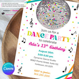 Neon Dance Party Invitation (White) with Disco Ball - Printable, Instant Download, Edit in Canva