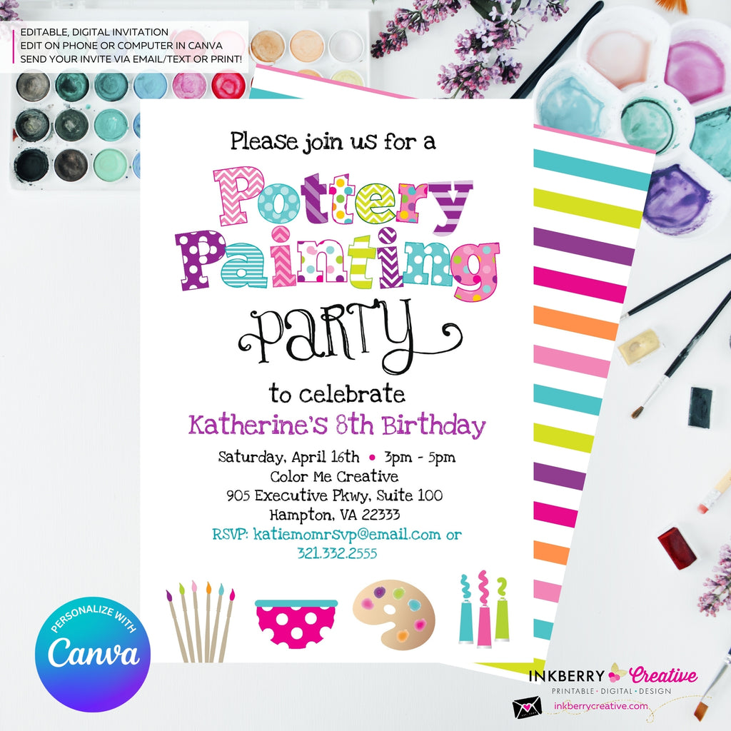 Pottery Painting Party Invitation (White) - Kids Art / Pottery Painting Birthday Party Invite - Edit in Canva