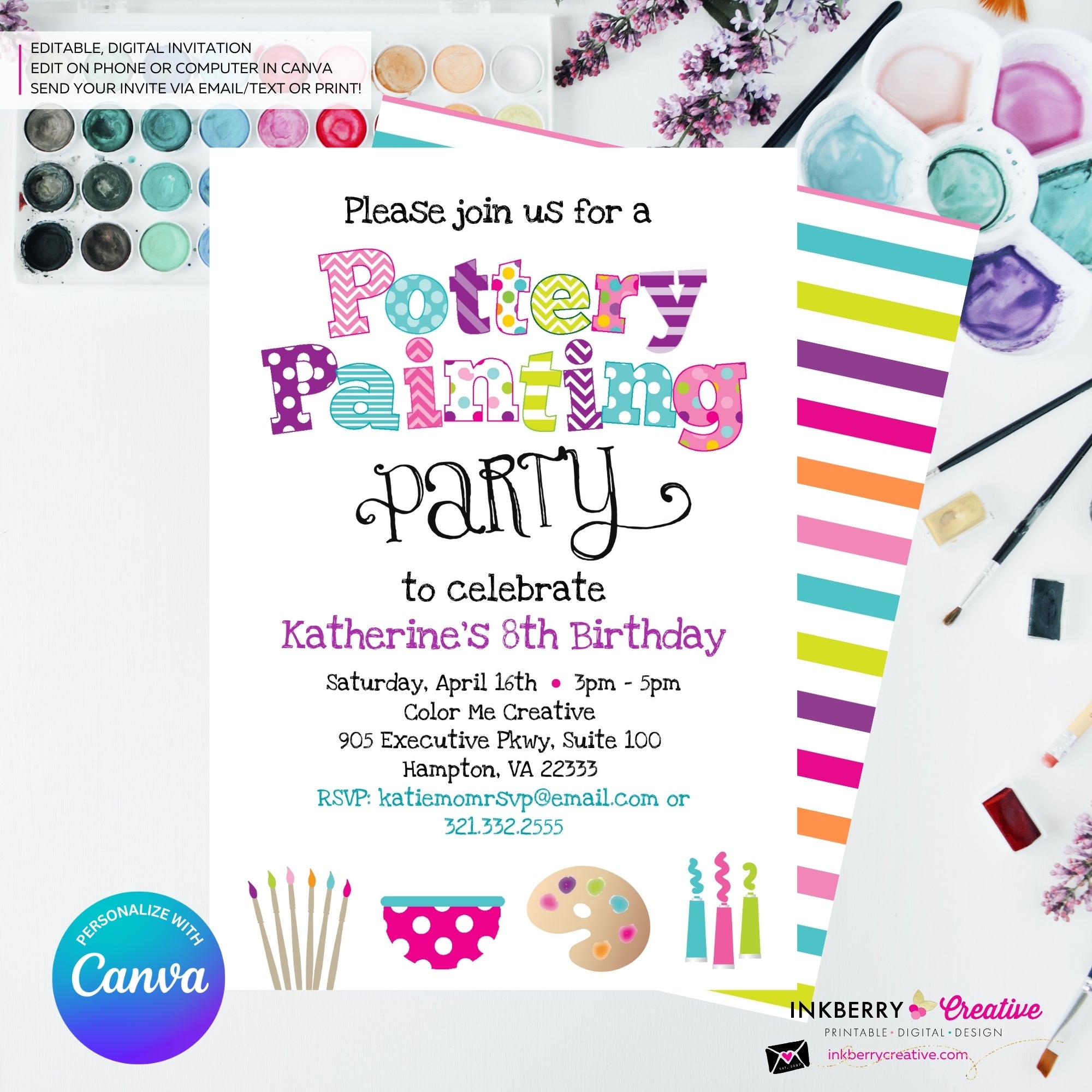 Pottery Painting Party Invitation (White) - Kids Art / Pottery Painting Birthday Party Invite - Edit in Canva