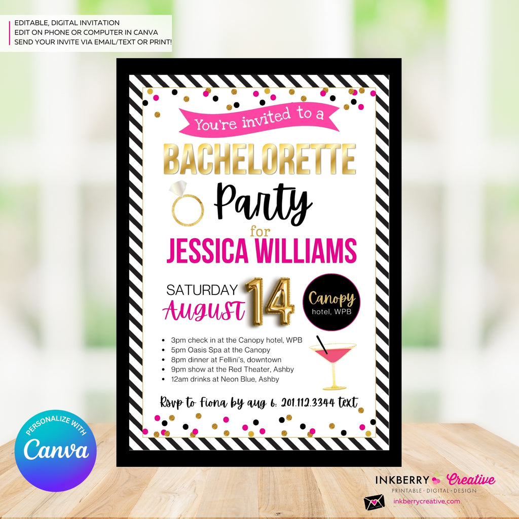 Bachelorette Party Invitation Pink, Black, Gold Confetti - Digital Printable File, Personalize and Edit in Canva