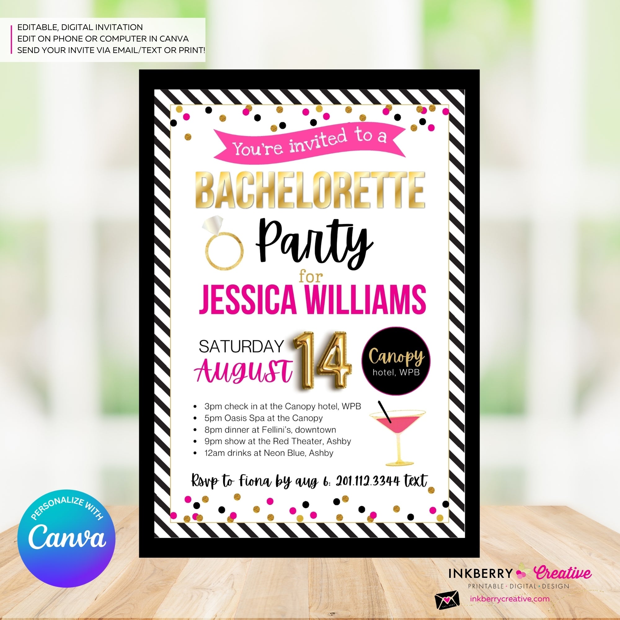 Bachelorette Party Invitation Pink, Black, Gold Confetti - Digital Printable File, Personalize and Edit in Canva