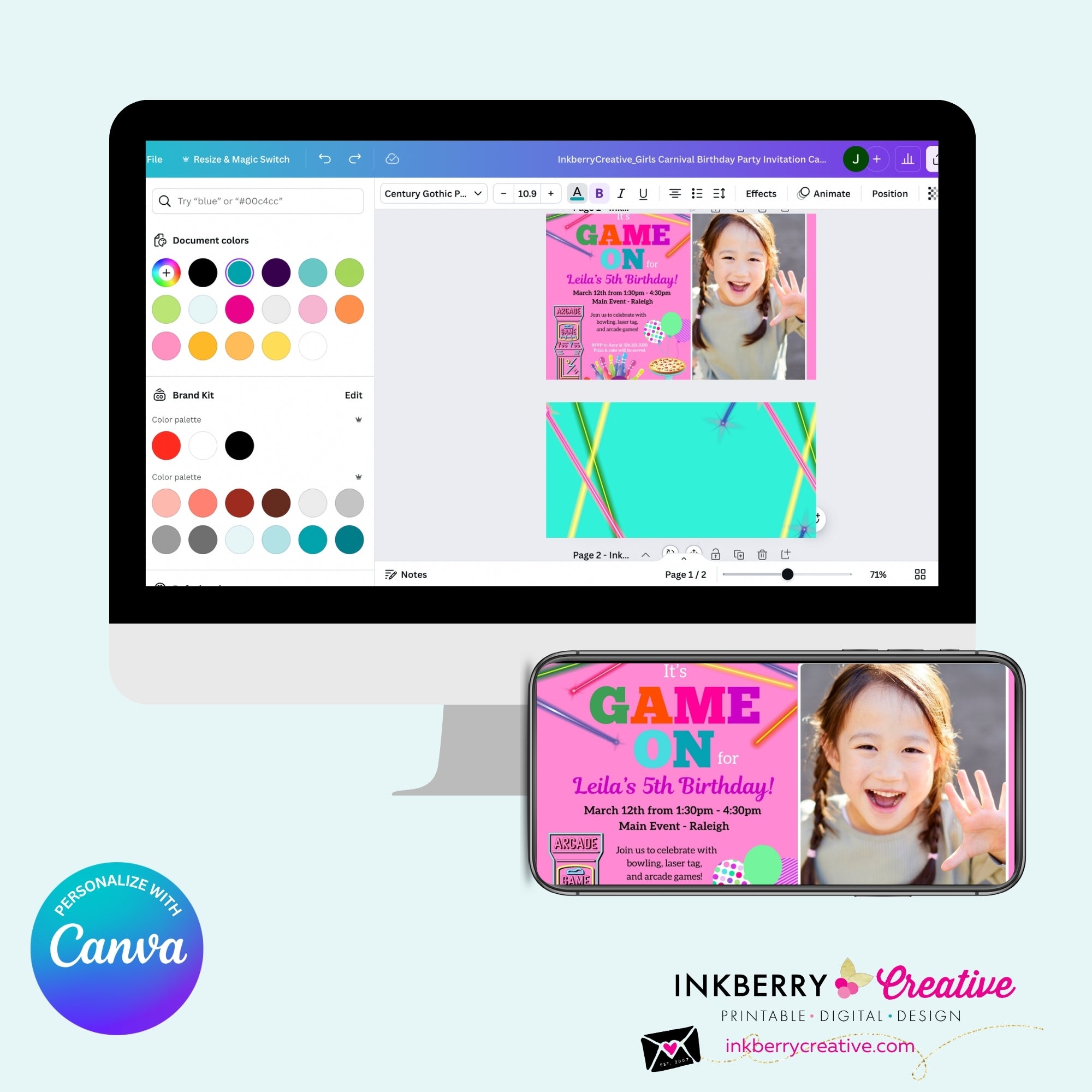 Game On Girls Pink PHOTO Arcade, Pizza, Bowling Birthday Party Digital, Printable Invitation - Edit in Canva