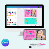 Game On Girls Pink PHOTO Arcade, Pizza, Bowling Birthday Party Digital, Printable Invitation - Edit in Canva