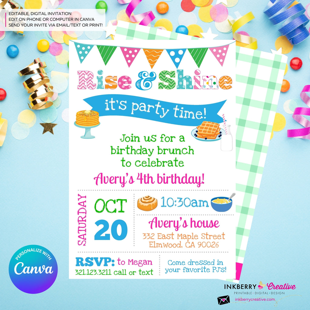 Rise and Shine Kids Birthday Breakfast Brunch Party Invitation, Pancakes, Bacon, Eggs, Waffles - Editable in Canva
